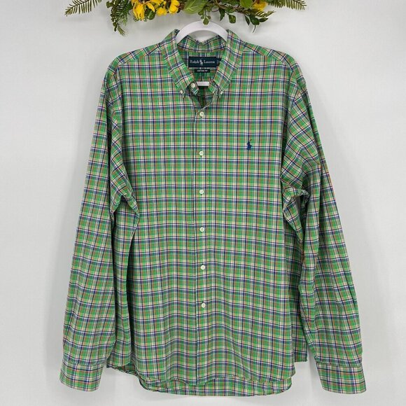 Ralph Lauren Custom Fit Plaid Shirt XL Pink Green Blue Pony Logo Classic Preppy - Picture 2 of 9